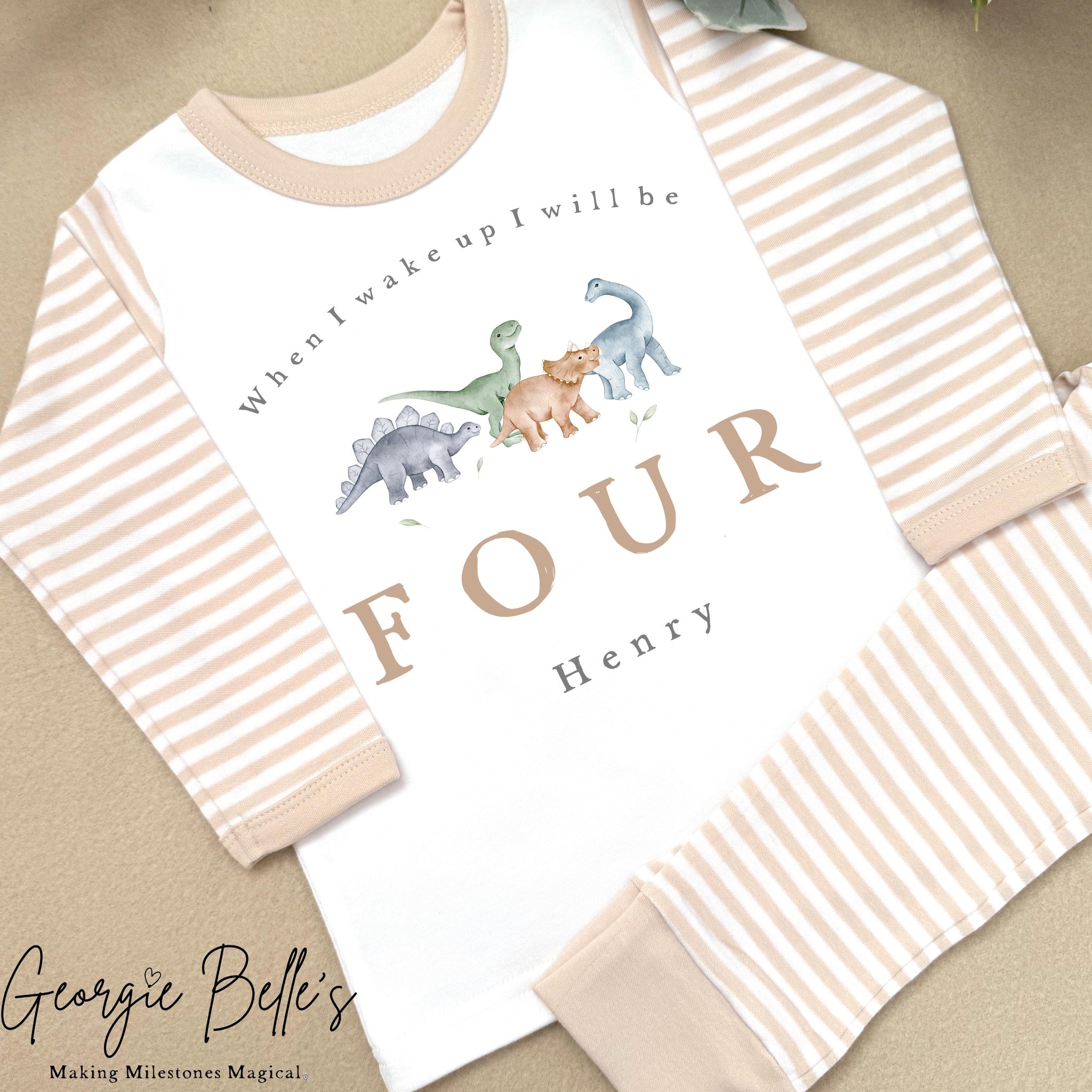 Personalised Beige Stripe Birthday Pyjamas - Beige Dinosaur Word Design