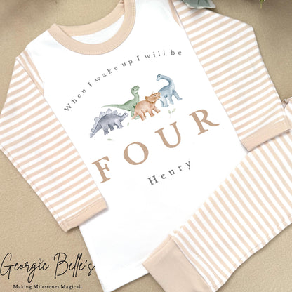 Personalised Beige Stripe Birthday Pyjamas - Beige Dinosaur Word Design