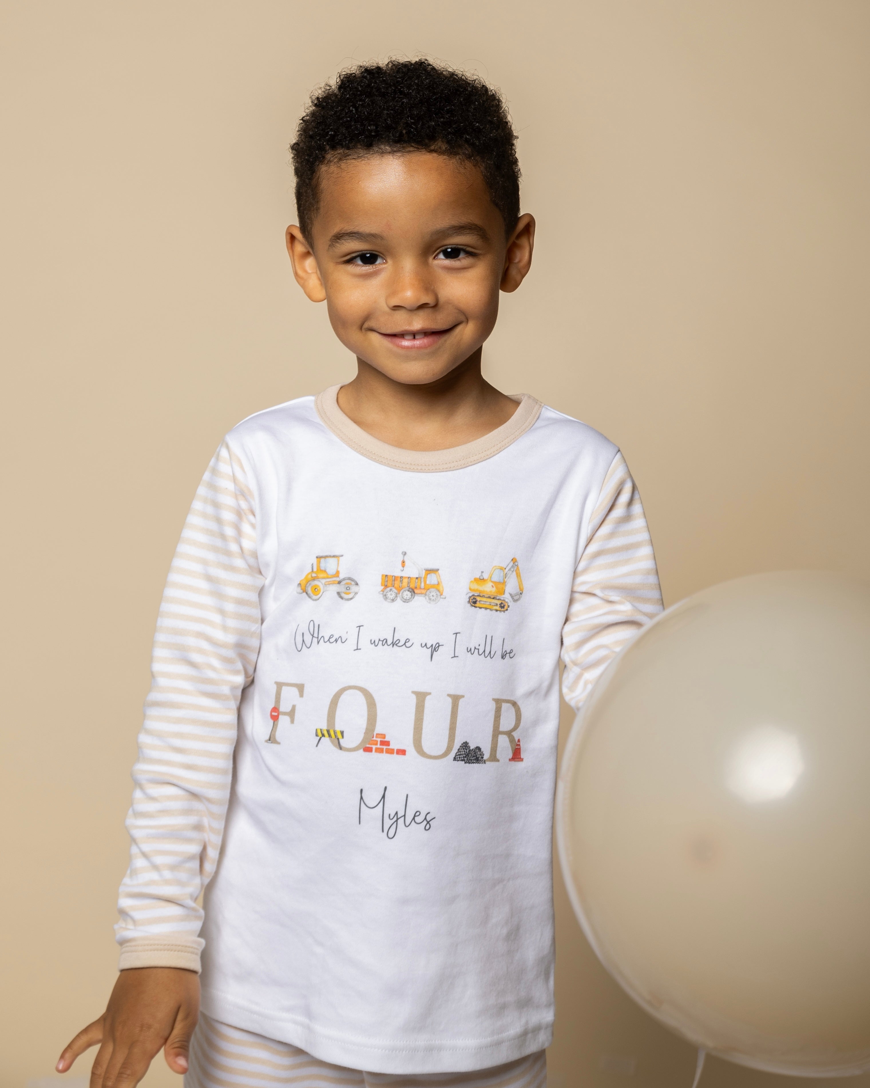 Personalised Beige Stripe Birthday Pyjamas - Beige Digger Word Design