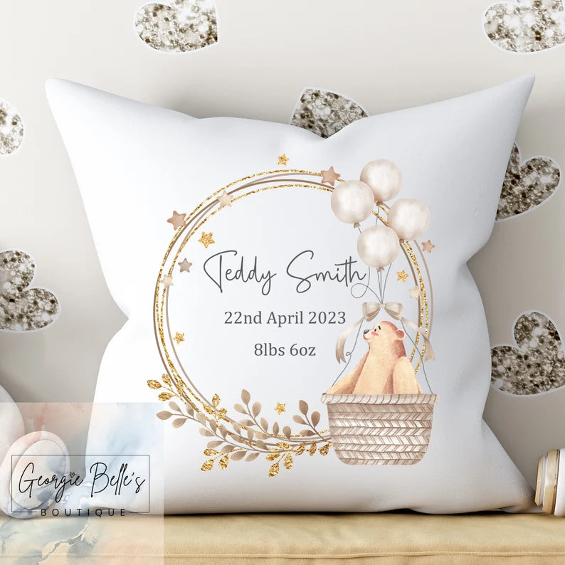 Personalised Baby Cushion - Nude Hot Air Balloon Wreath Nursery Cushion