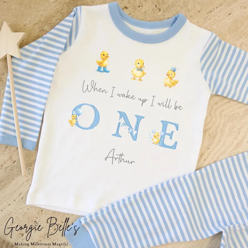 Personalised Blue Stripe Birthday Pyjamas - Blue Duck Design