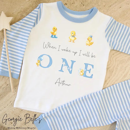 Personalised Blue Stripe Birthday Pyjamas - Blue Duck Design