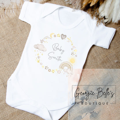 Personalised Announcement Vest / Babygrow -  Lemon/ Nude Wreath Design
