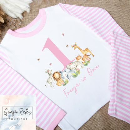 Personalised Birthday Pyjamas -Pink ‘Is One’ Safari Design