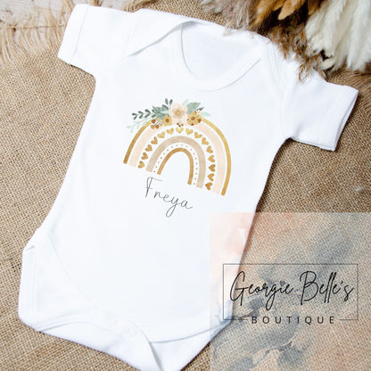Personalised Vest/Babygrow -Gold Floral Rainbow Design