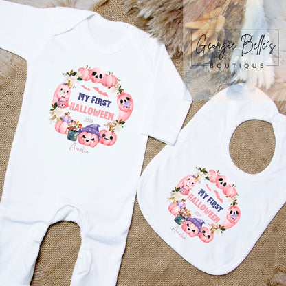 My 1st Halloween Vest / Babygrow - Pink Wreath Design