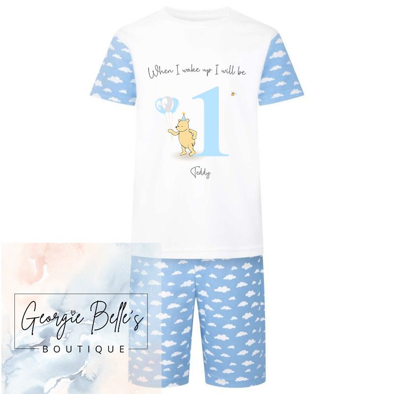 Blue Cloud Print Short PJ Set- Winnie The Pooh Inspired Design
