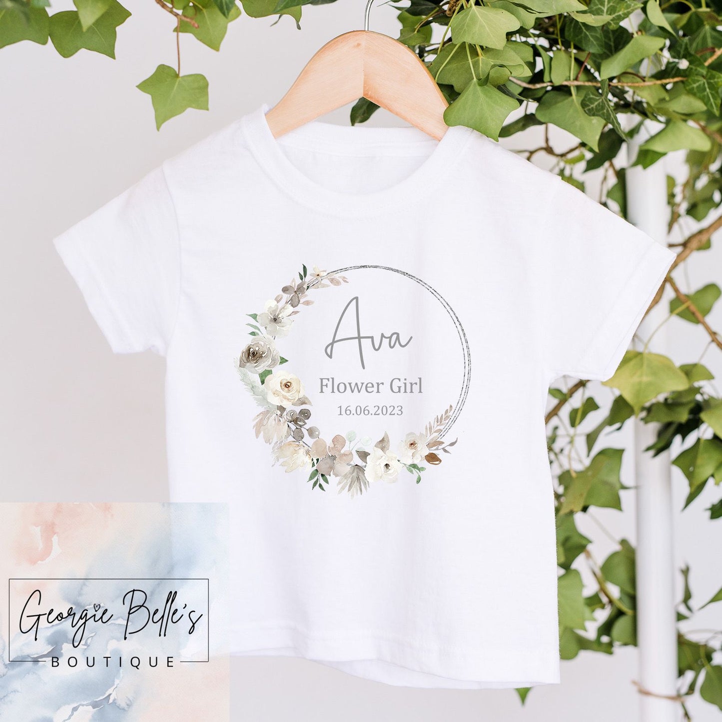 Flower Girl T-Shirt - Champagne Wreath Design