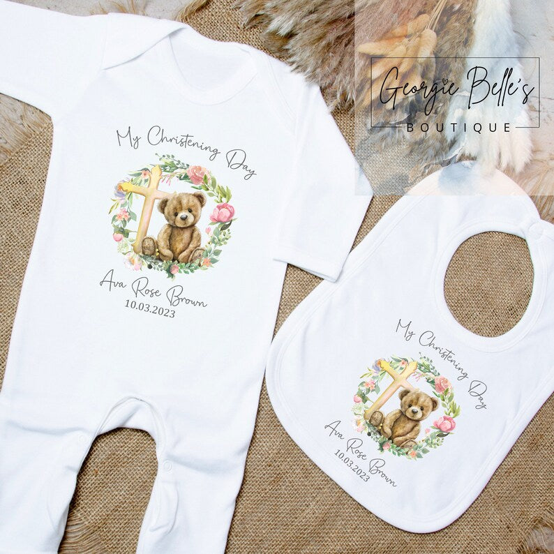 Personalised Christening Vest/Babygrow - Bear Wreath Design