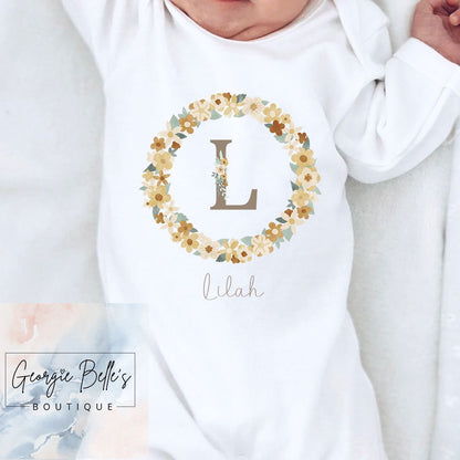 Personalised Vest/Babygrow - Gold Floral Wreath Design