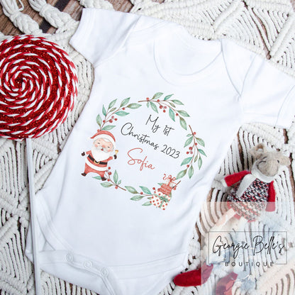 My 1st Christmas Vest / Babygrow -  Santa Wreath Design