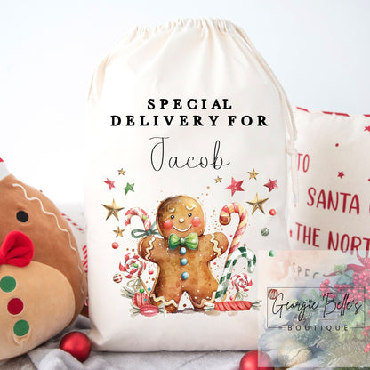 Luxury Personalised Premium Cotton Extra Large Christmas Santa Sack - Gingerbread Design