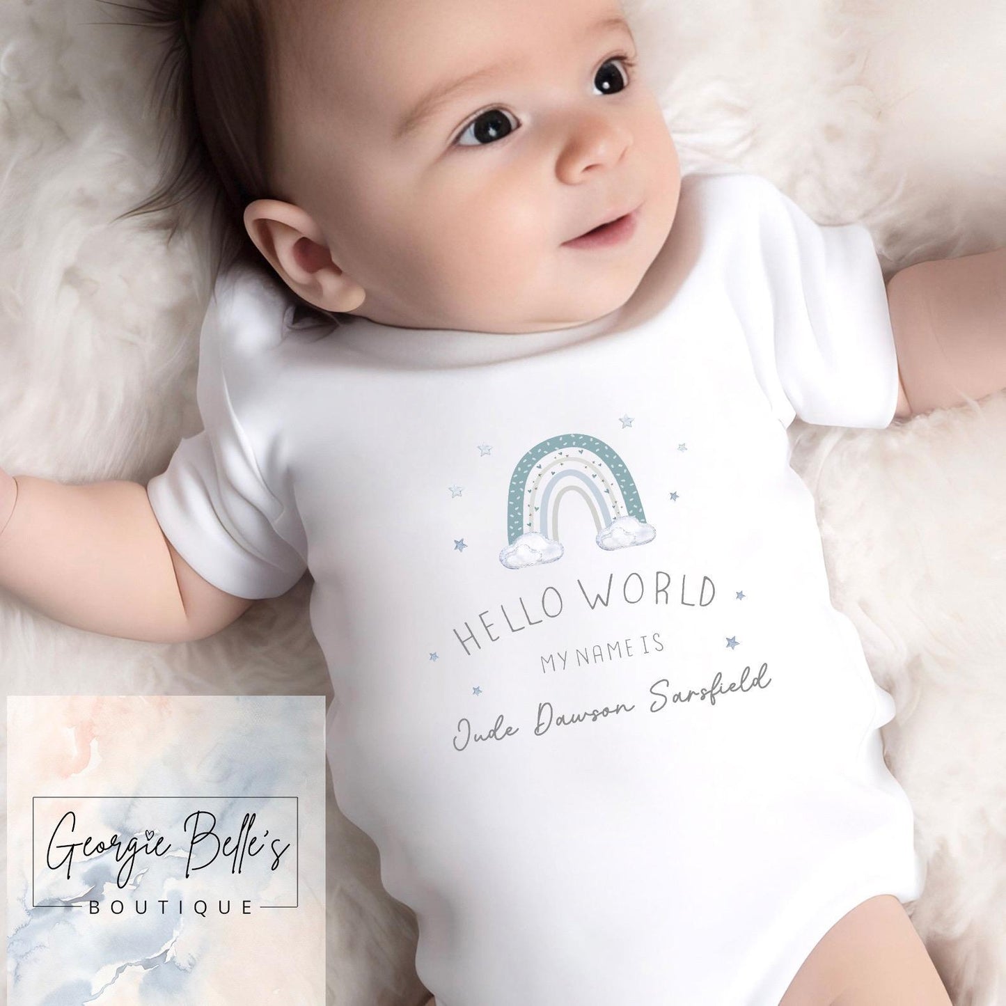 Personalised Vest/Babygrow - ‘Hello World’ Blue Rainbow Design