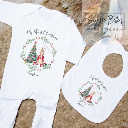 My 1st Christmas Vest / Babygrow - Red Peter Rabbit Inspired Design