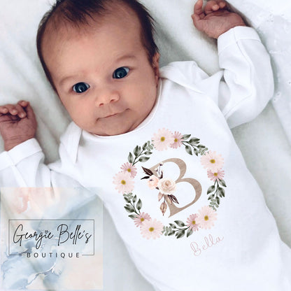 Personalised Vest/Babygrow - Dusky Floral Wreath Design