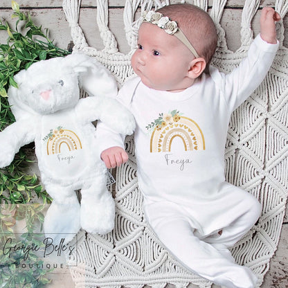 Personalised Vest/Babygrow -Gold Floral Rainbow Design