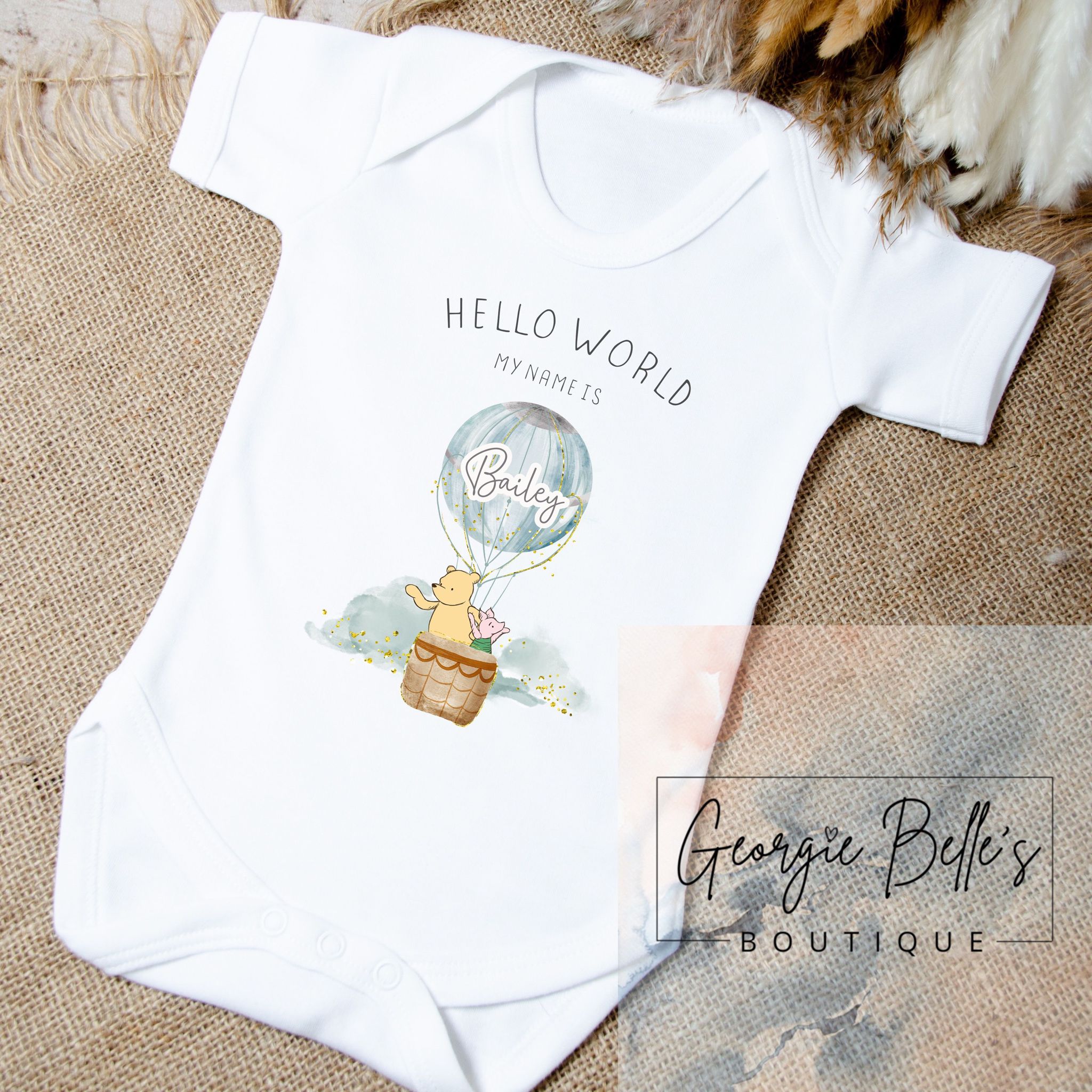 Personalised Announcement Vest / Babygrow - Winnie The Pooh Inspired Hot Air Balloon Wreath Design
