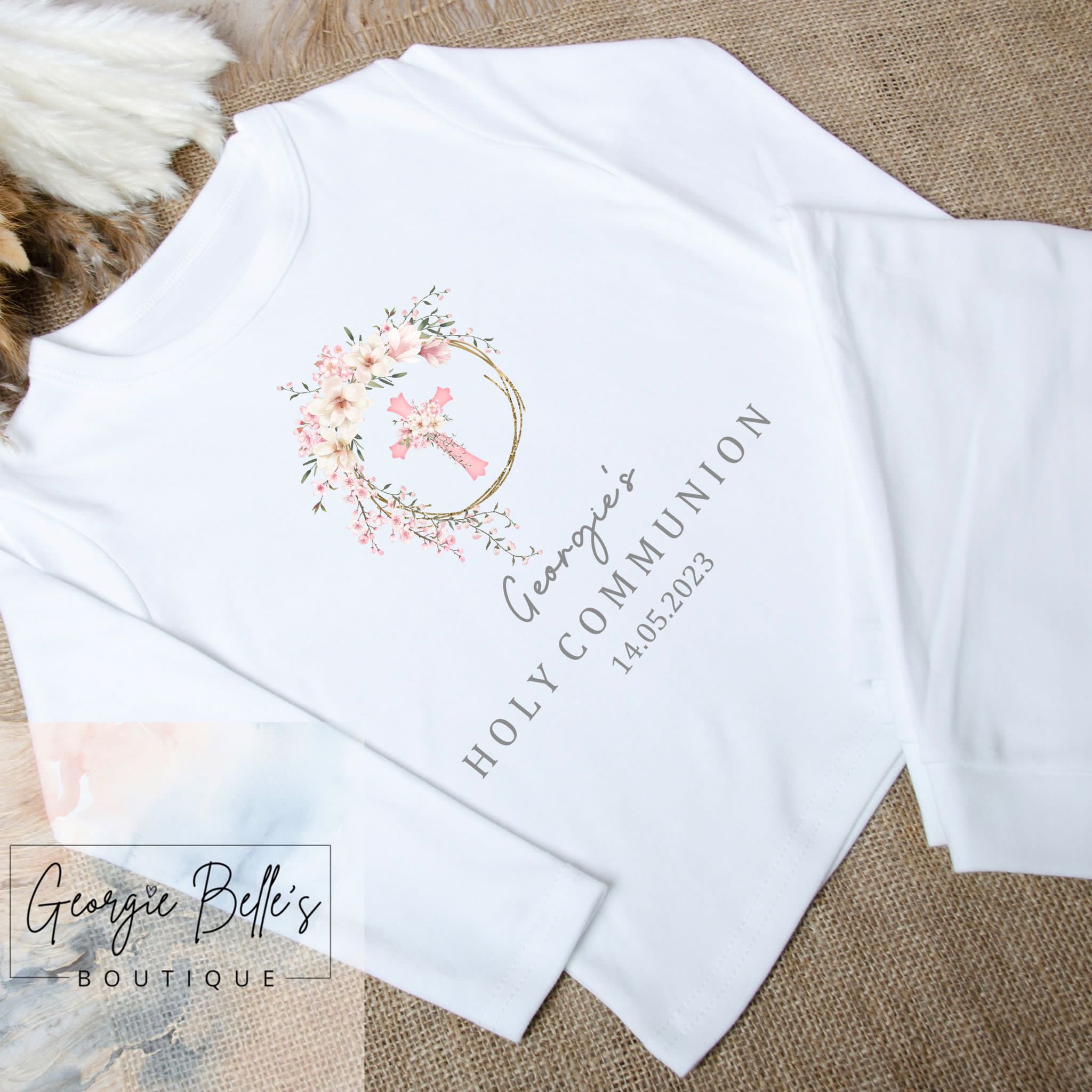 Personalised Holy Communion Pyjamas- Pink Wreath Design