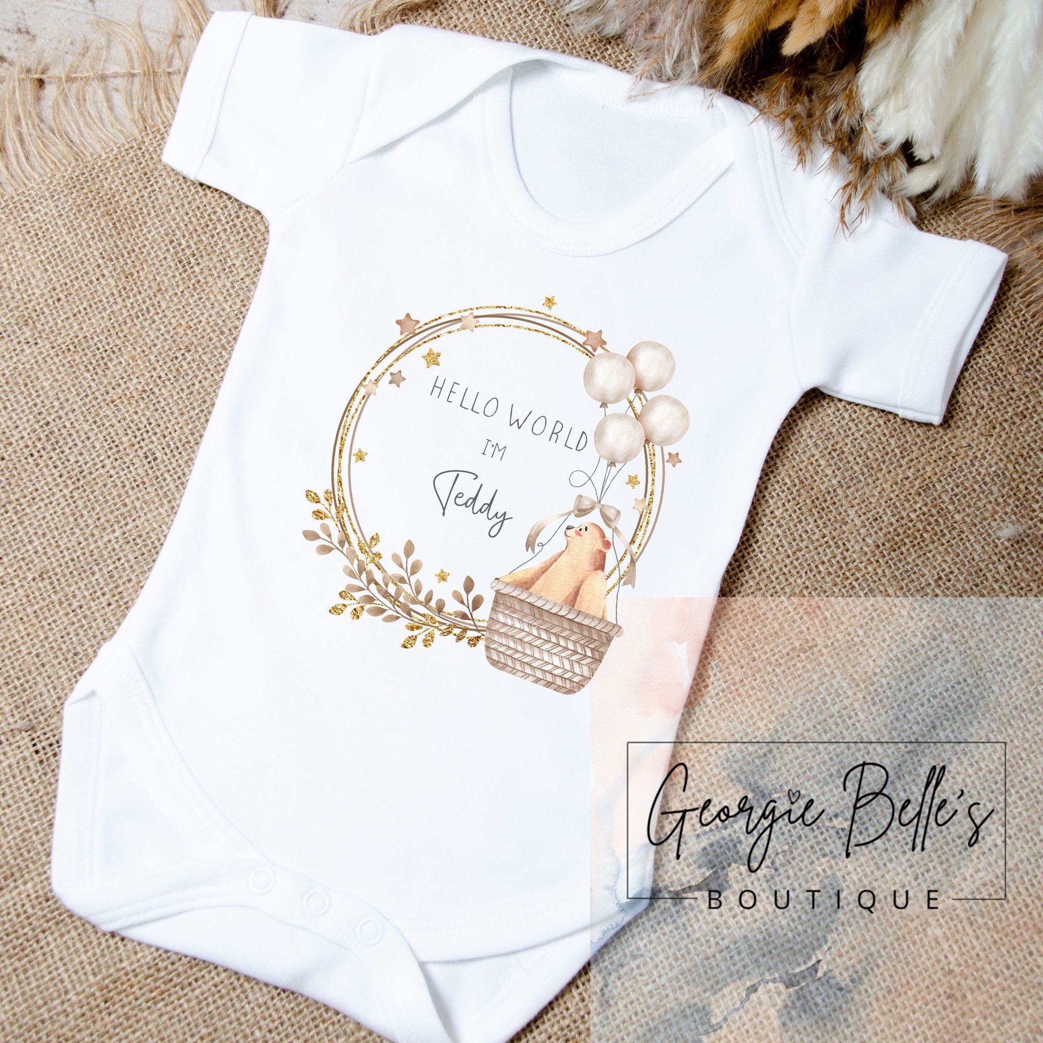 Personalised Announcement Vest / Babygrow - Gold/Nude Hot Air Balloon Wreath Design