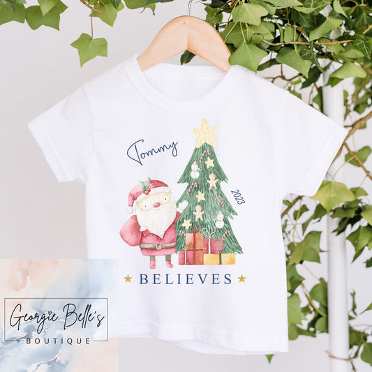 Boys Christmas Personalised Believe Design T-shirt