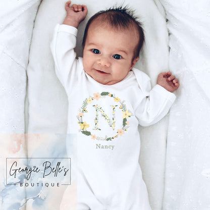 Personalised Vest/Babygrow - Yellow Floral Wreath Design