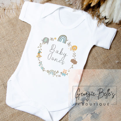 Personalised Vest/Babygrow - Boys Rainbow & Animal Wreath Design