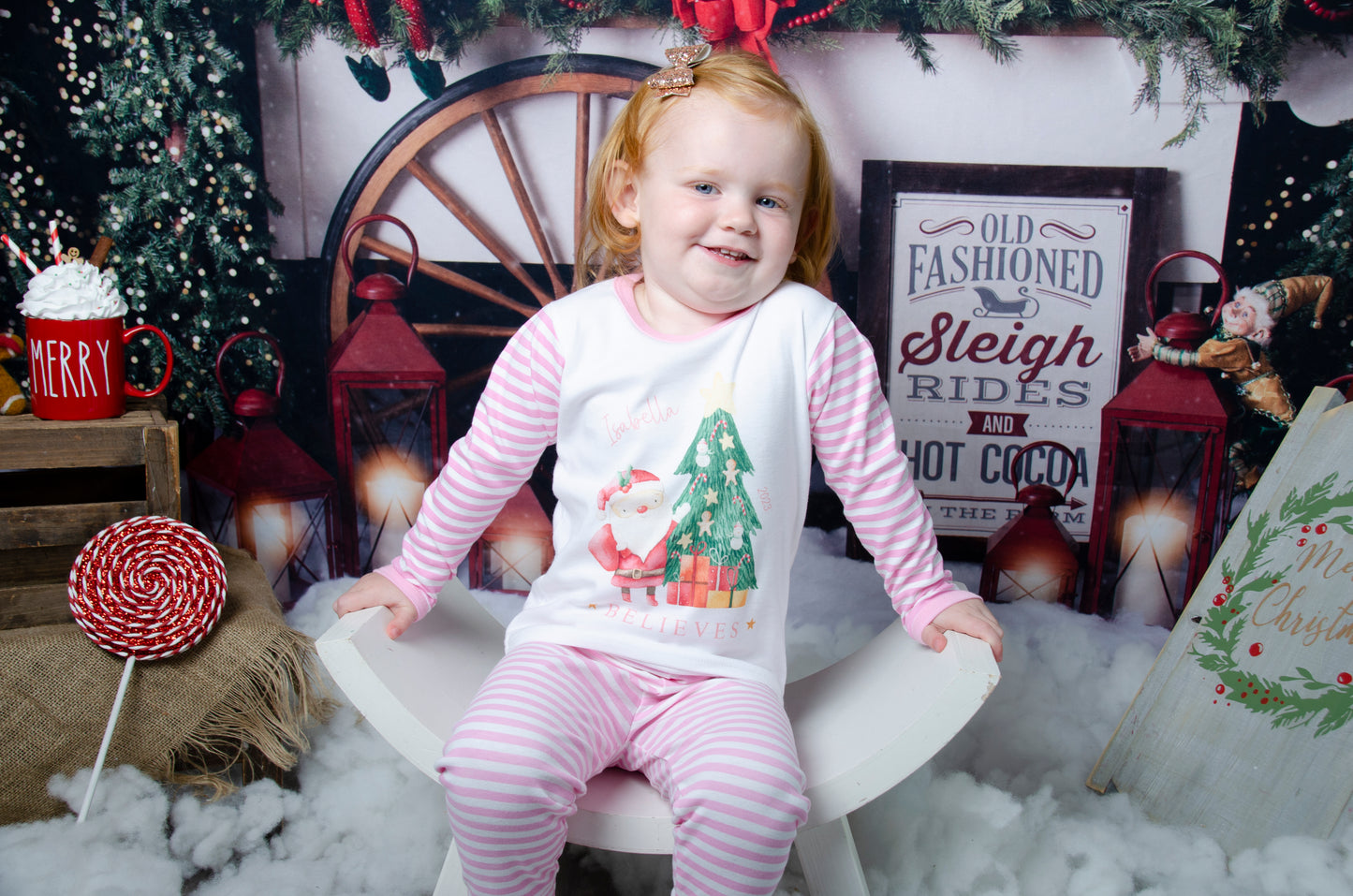 Sibling Matching Pink ‘Believes’ Personalised Christmas Pyjamas