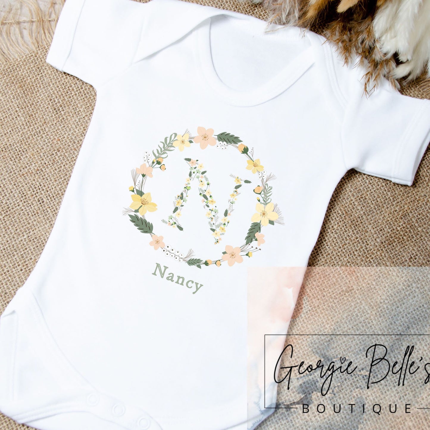 Personalised Vest/Babygrow - Yellow Floral Wreath Design