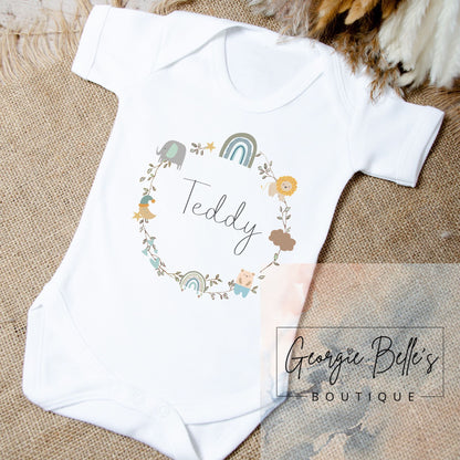 Personalised Vest/Babygrow - Boys Rainbow & Animal Wreath Design
