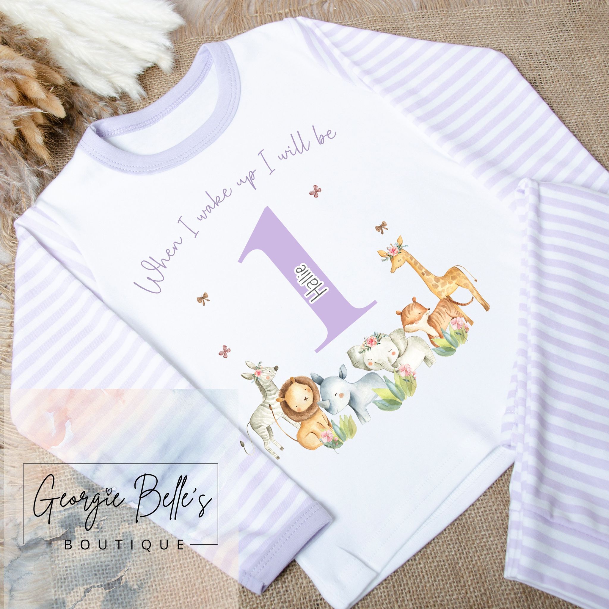 Personalised Birthday Pyjamas - Lilac ‘When I Wake Up’ Safari Design