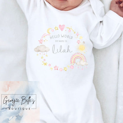 Personalised Vest/Babygrow - ‘Hello World’ Pink Wreath Design