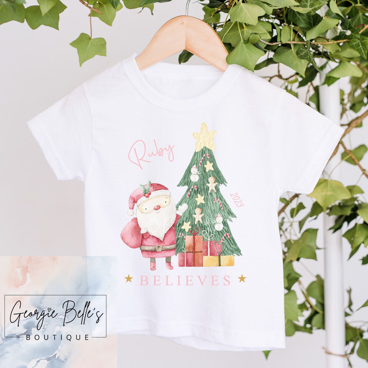 Girls Christmas Personalised Believe Design T-shirt