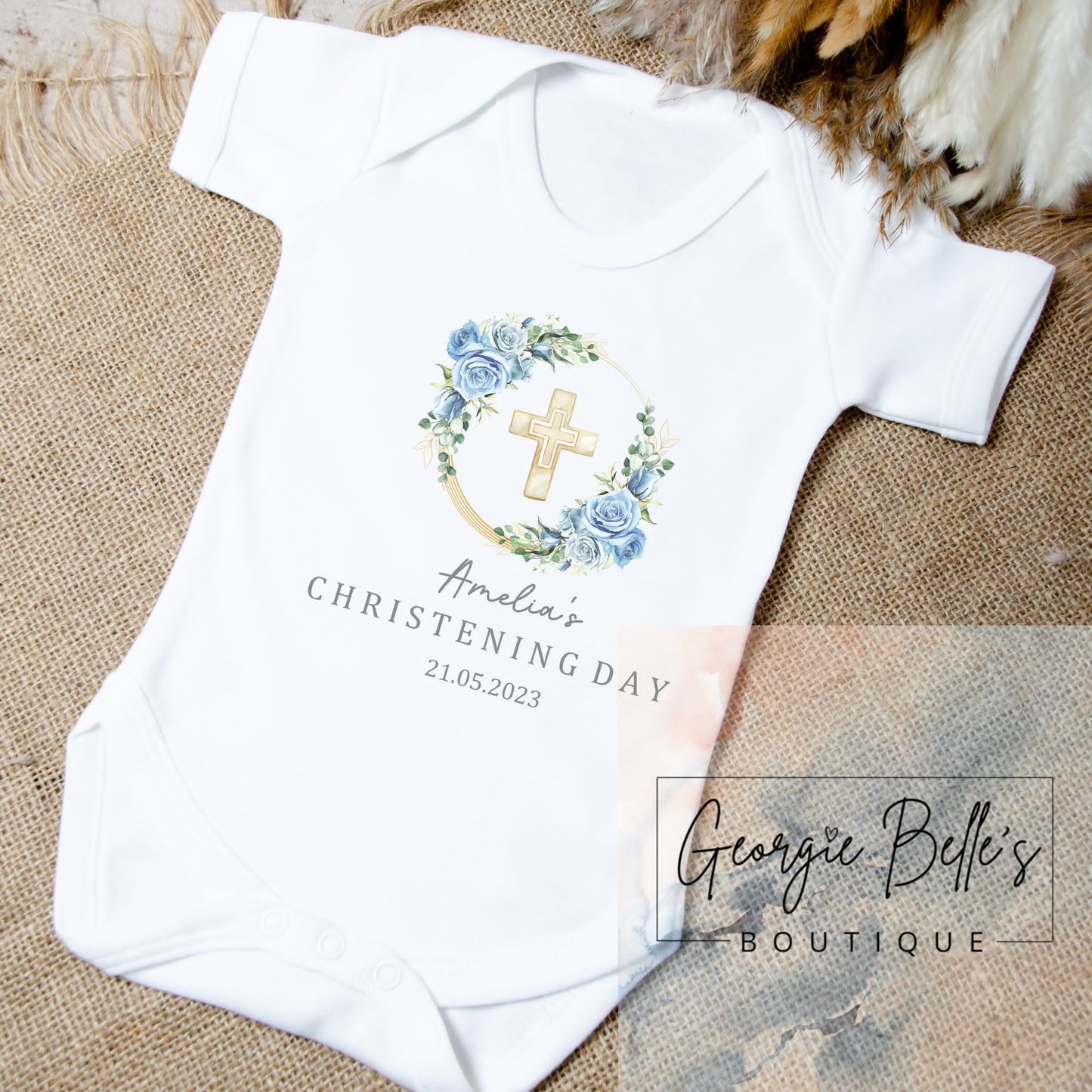 Personalised Christening Blue Floral Design Vest/Babygrow