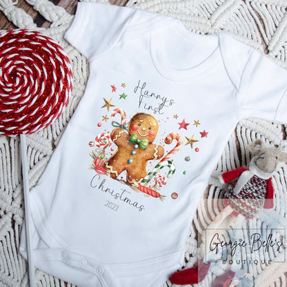 My 1st Christmas Personalised Vest / Babygrow - Gingerbread Design