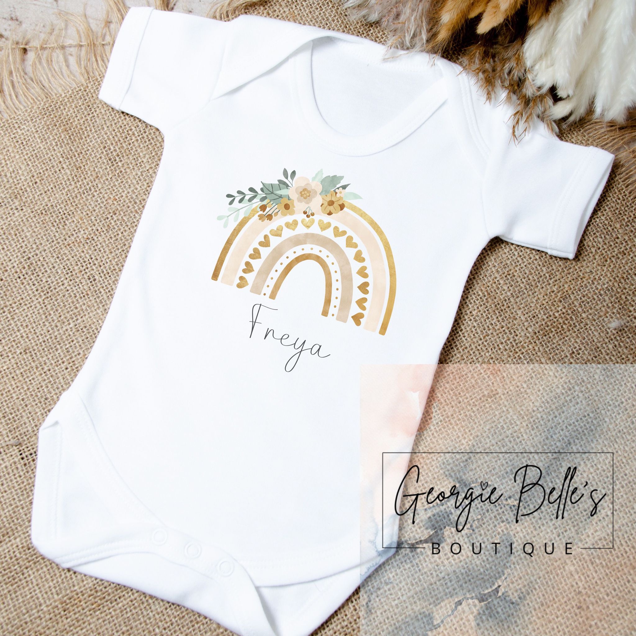 Personalised Vest / Babygrow -  Gold Floral Rainbow Design