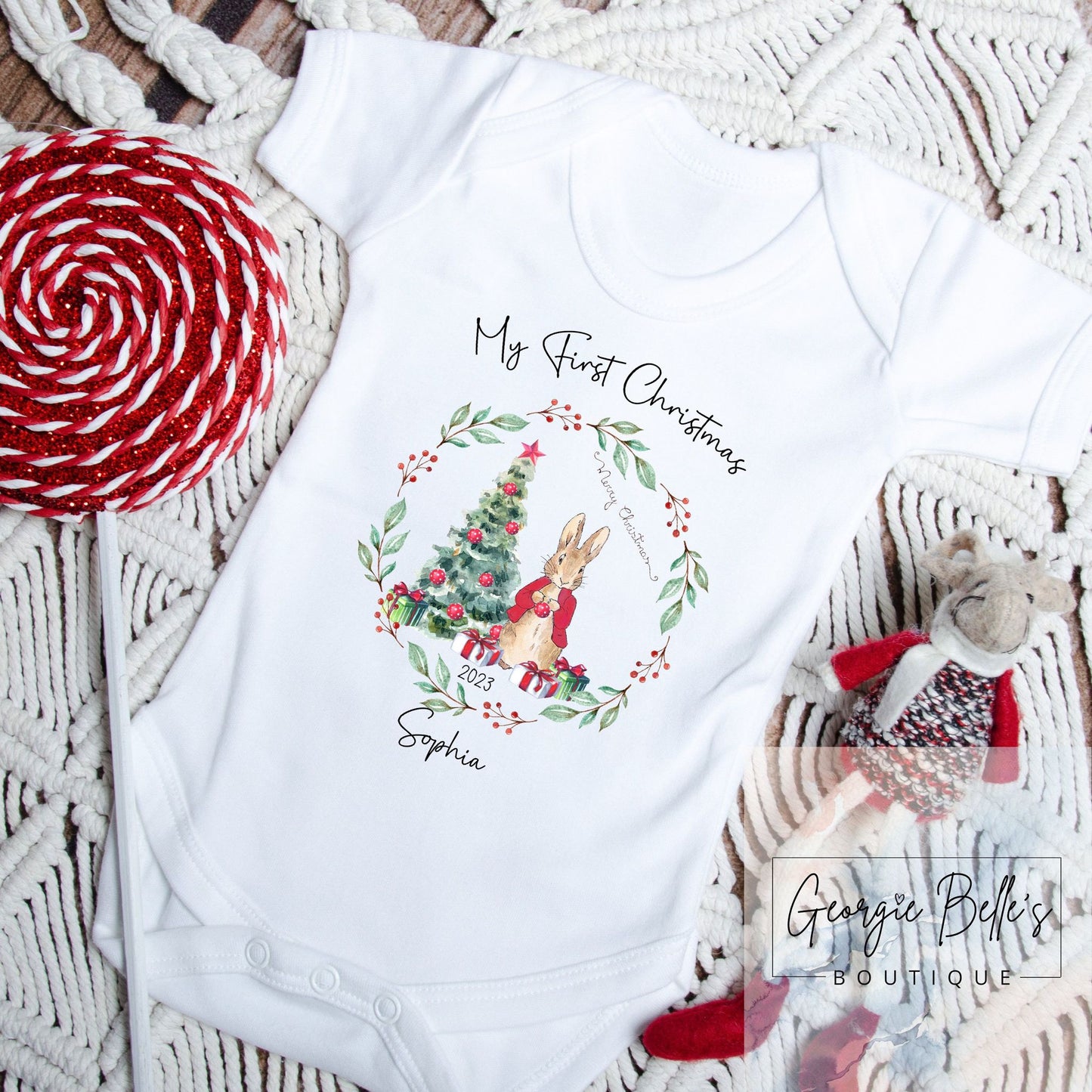 My 1st Christmas Vest / Babygrow - Red Peter Rabbit Inspired Design