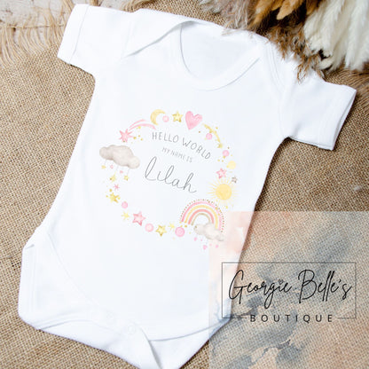 Personalised Vest/Babygrow - ‘Hello World’ Pink Wreath Design