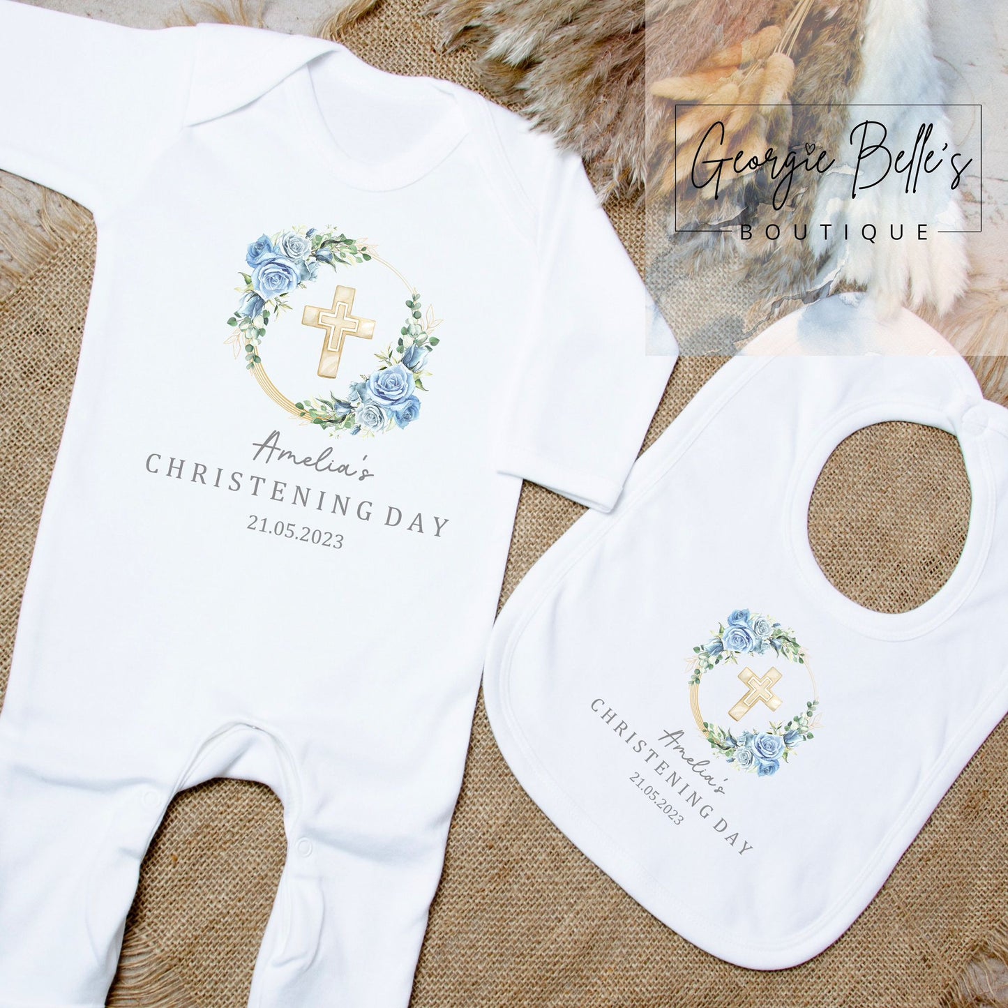 Personalised Christening Blue Floral Design Vest/Babygrow