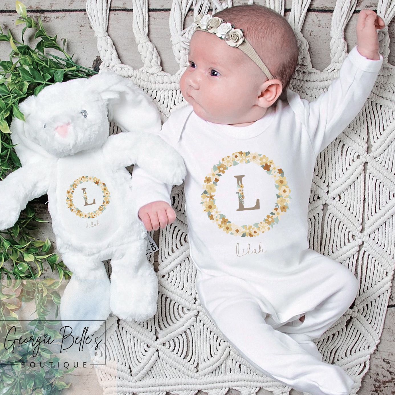 Personalised Vest/Babygrow - Gold Floral Wreath Design