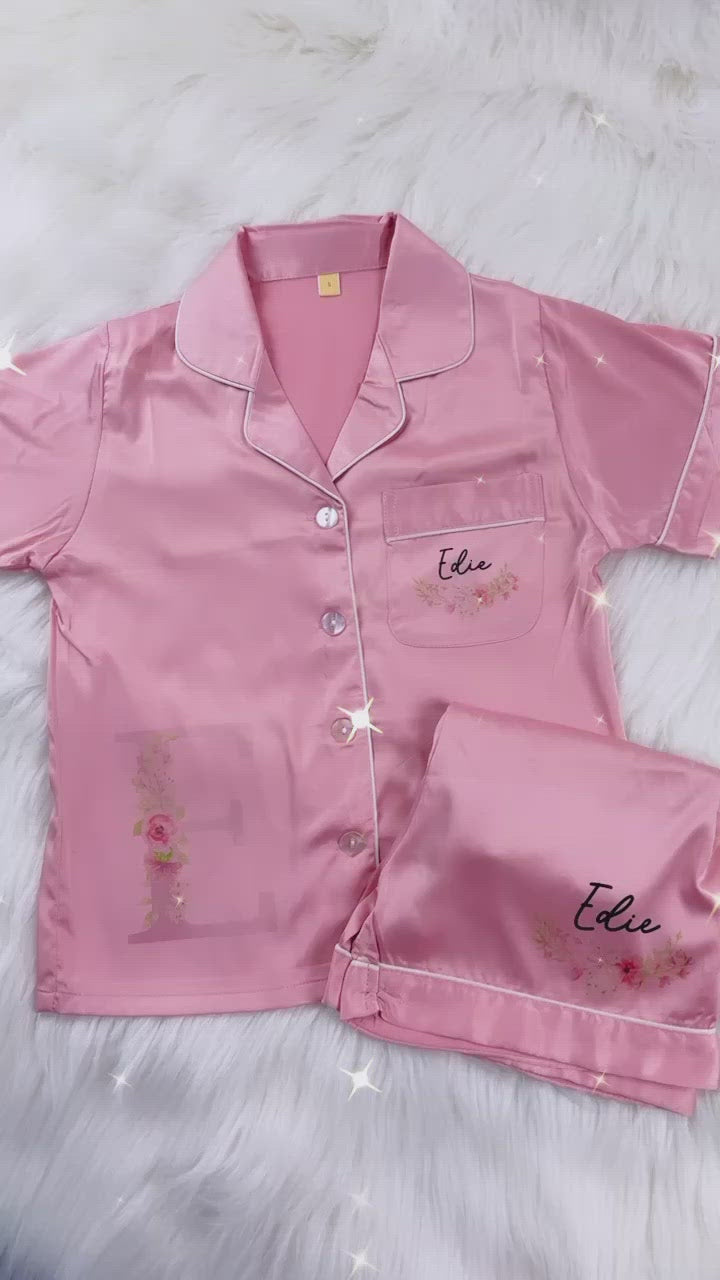 Rose Pink Luxury Satin Pyjama’s- Floral Initial Design