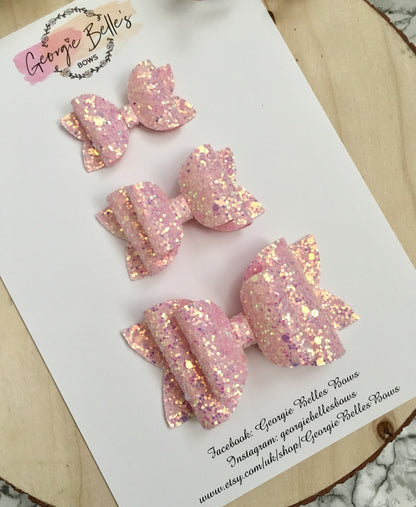 Pastel iridescent glitter bows, girls hair bows, baby hair bows, pink bows, white bows, lilac bows, baby headbands
