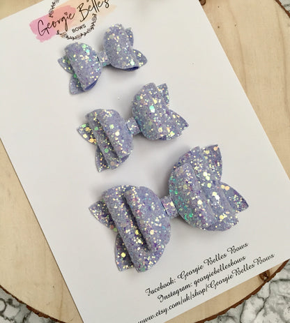 Pastel iridescent glitter bows, girls hair bows, baby hair bows, pink bows, white bows, lilac bows, baby headbands