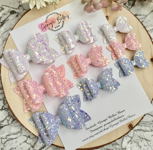 Pastel iridescent glitter bows, girls hair bows, baby hair bows, pink bows, white bows, lilac bows, baby headbands