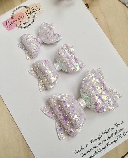 Pastel iridescent glitter bows, girls hair bows, baby hair bows, pink bows, white bows, lilac bows, baby headbands