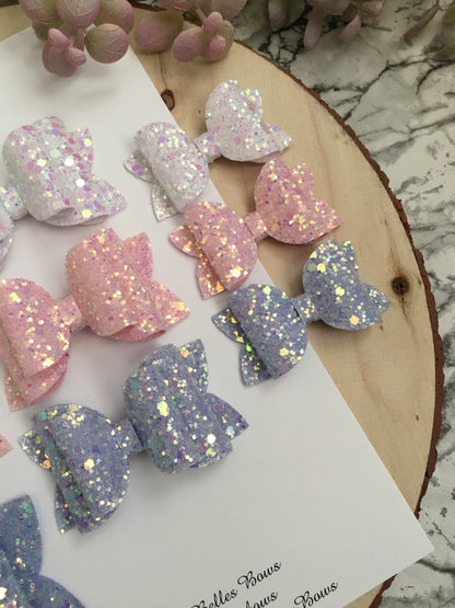 Pastel iridescent glitter bows, girls hair bows, baby hair bows, pink bows, white bows, lilac bows, baby headbands
