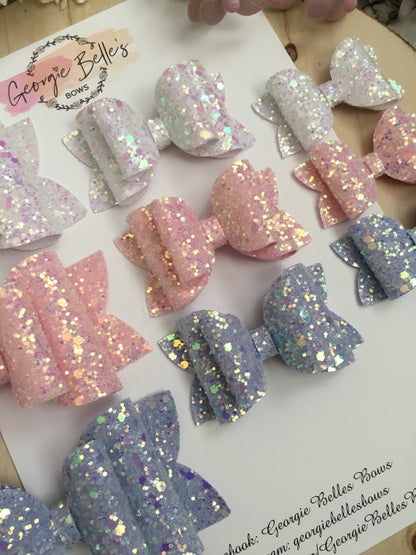 Pastel iridescent glitter bows, girls hair bows, baby hair bows, pink bows, white bows, lilac bows, baby headbands