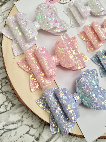 Pastel iridescent glitter bows, girls hair bows, baby hair bows, pink bows, white bows, lilac bows, baby headbands