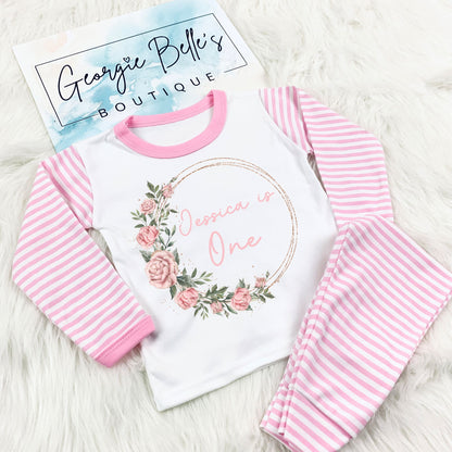 Personalised Birthday Pyjamas - Pink Floral Wreath Design