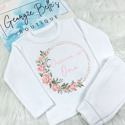 Personalised Birthday Pyjamas - Pink Floral Wreath Design