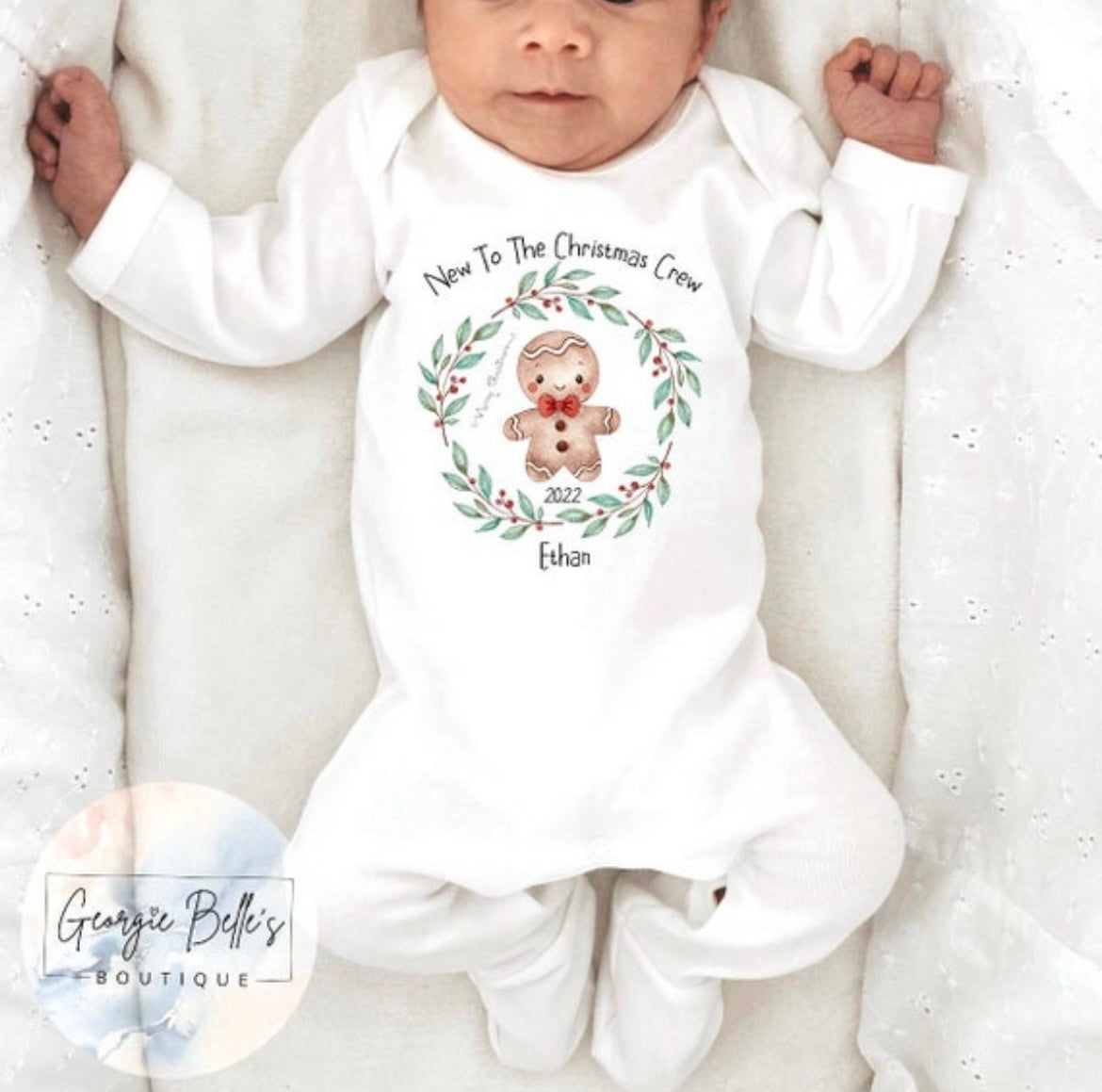 New To The Christmas Crew 2022 Personalised Gingerbread Design Vest / Babygrow / Sleepsuit
